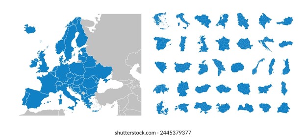 Europa mapea con regiones aisladas sobre un fondo blanco. Mapas de los países de Europa. Mapa de Europa. Ilustración vectorial