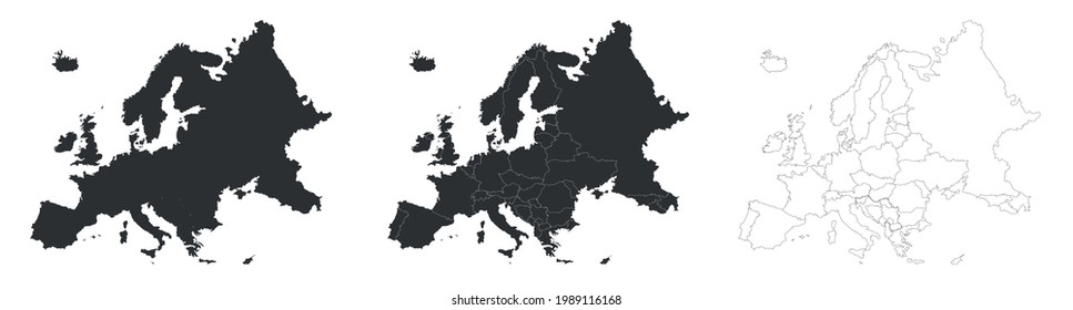 Mapas de Europa con fronteras de países aislados en blanco. Conjunto de mapas de color gris