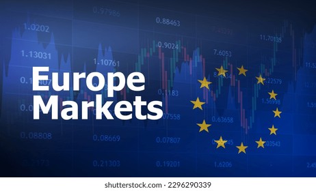 Europe Markets, trading screen background. The graph of heikin-ashi, line chart, price quotation, and EU flag. Stock trading and financial market concepts.