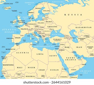 Europe, Middle East, and North Africa, political map with international borders. Overview of the continent Europe, the geopolitical region Middle East, and northern portion of the African continent.