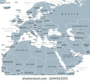 Europe, Middle East, and North Africa, gray political map with international borders. Overview of continent Europe, geopolitical region Middle East, and the northern portion of the African continent.