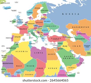 Europa, Oriente Médio e Norte da África, mapa político multicolorido. Visão geral do continente Europa, da região geopolítica do Oriente Médio e da porção norte do continente africano. Vetor