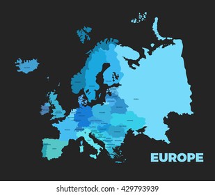 Europe Modern Dark Detailed Map. All European Countries With Names. Vector Template Of Beautiful Flat Map Design