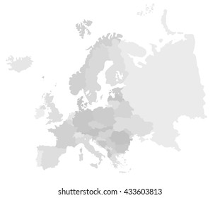 Europe modern detailed map. All european countries without names. Vector template of beautiful flat grayscale map design
