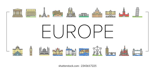 Europe Monument Construction Icons Set Vector. Eiffel Tower And Parthenon, Louvre Museum And Saint Peter Basilica, Edinburgh Castle And Basil Cathedral Europe Famous Building Color Illustrations