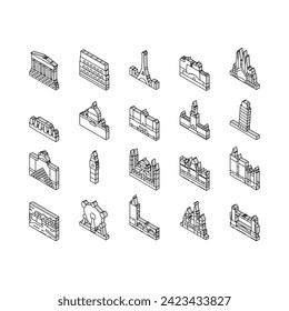 Europe Monument Construction isometric icons set. Eiffel Tower And Parthenon, Louvre Museum And Saint Peter Basilica, Edinburgh Castle And Basil Cathedral Europe Famous Building Color