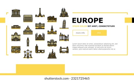 Europe Monument Construction Landing Web Page Vector. Eiffel Tower And Parthenon, Louvre Museum And Saint Peter Basilica, Edinburgh Castle And Basil Cathedral Europe Famous Building Illustration