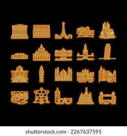 Europe Monument Construction neon light sign vector. Eiffel Tower And Parthenon, Louvre Museum And Saint Peter Basilica, Edinburgh Castle And Basil Cathedral Europe Famous Building Illustrations