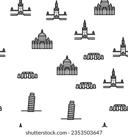 Europe Monument Construction Vector Seamless Pattern Thin Line Illustration