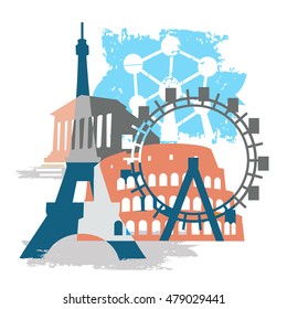 Europe monuments  grunge collage.
Grunge stylized Collage of Famous European buildings. Vector available. 