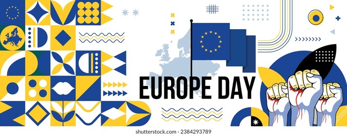 Banner del Día de Europa o de la Independencia para la celebración del país. Bandera y mapa de la Unión Europea con puños elevados. Diseño retro moderno con iconos geométricos abstractos de tiporgafía. Ilustración vectorial.