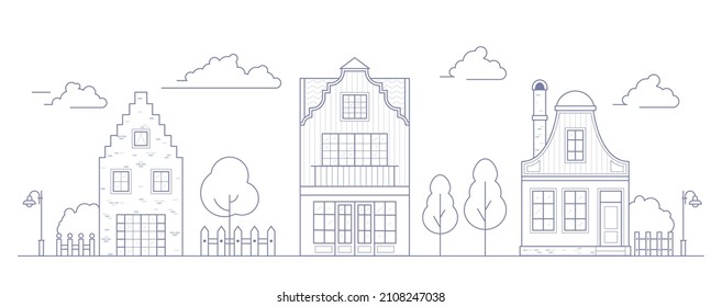 Europe Neighborhood Houses. Holland Suburban With Cozy Homes. Facades Of Old Traditionsl Buildings In Netherlands. Outline Vector Illustration.