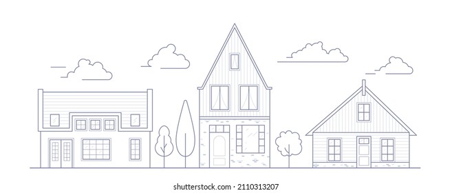 Europe Neighborhood Houses. Holland Suburban With Cozy Homes. Facades Of Old Traditionsl Buildings In Netherlands. Outline Vector Illustration.