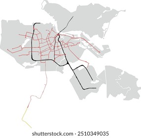 Europa Países Bajos Ámsterdam Mapa con VERGUNNINGGEBIED UHL (amarillo) Tranvía (rojo) Metro (negro) 