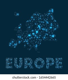 Mapa de la red europea. Mapa geométrico abstracto del continente. Conexión a Internet y diseño de telecomunicaciones. Ilustración vectorial artística.