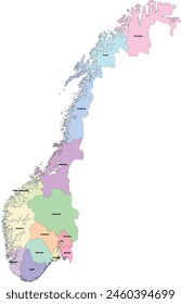 Europe Norway Map with 14 counties and the capital city of first level administrative division