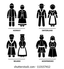 Europe - Norway Switzerland Belarus Montenegro Man Woman People National Traditional Costume Dress Clothing Icon Symbol Sign Pictogram