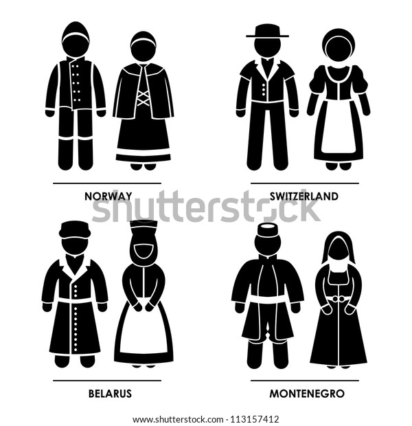 ヨーロッパ ノルウェー スイス ベラルーシ モンテネグロ マン ウーマン人民族民族民族衣装のアイコンシンボル記号絵文字 のベクター画像素材 ロイヤリティフリー