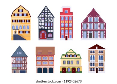 Europe old town houses. Building vector flat isolated illustration. City architecture design elements.