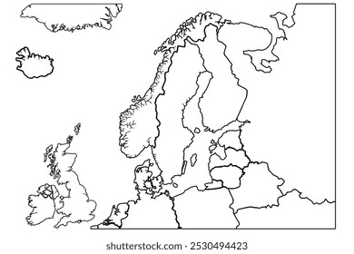 Mapa general de Europa. Dibuje a mano el mapa detallado del continente de Europa con el contorno separado. Contorno del mapa del mundo, ilustración lineal del doodle. bosquejo para colorear