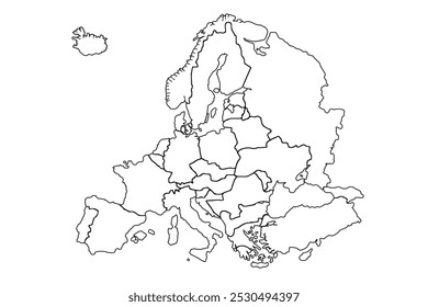 Mapa del mundo del esquema de Europa, Ilustración vectorial aislada en blanco. Mapa del continente europeo, concepto de silueta de línea. esquema del mapa mundial, ilustración de doodle lineal.