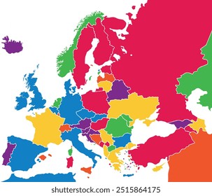 Europe with a part of the Middle East countries, political map. Western part of continent Eurasia, located in the Northern Hemisphere. Countries with international borders.