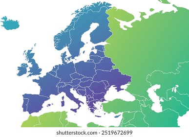 Europa con una parte de los países de Oriente Medio, mapa político. Parte occidental del continente Eurasia, situado en el hemisferio norte.