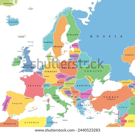 Europe with a part of the Middle East countries, political map. Western part of continent Eurasia, located in the Northern Hemisphere. Countries with international borders and English labeling. Vector