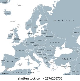 Europe with a part of the Middle East, gray political map. Western part of the continent Eurasia, located in the Northern Hemisphere. Countries with international borders and English labeling. Vector