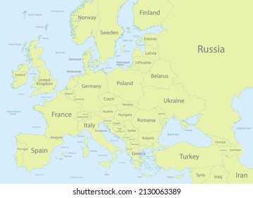 Europe with parts of Asia classic color detailed map, individual states and islands and sea with names vector