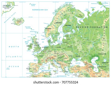 Europe Physical Map Isolated on White. Detailed vector illustration of Europe Physical Map.