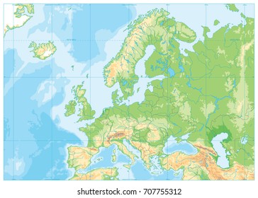 Europe Physical Map. No text. Detailed vector illustration of Europe Physical Map.