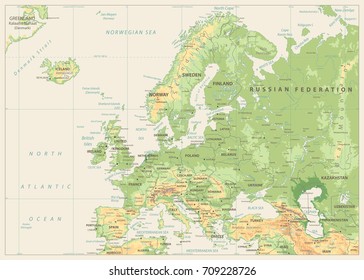 Europe Physical Map. Retro Colors. No Bathymetry. Detailed Vector Illustration Of Europe Physical Map.