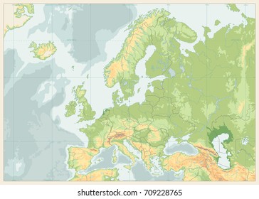 Europe Physical Map. Retro Colors. No text. Detailed vector illustration of Europe Physical Map.