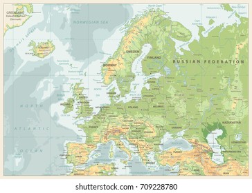 Europe Physical Map. Retro Colors. Detailed vector illustration of Europe Physical Map.
