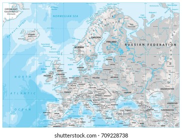 Europe Physical Map. White and Gray. Detailed vector illustration of Europe Physical Map.