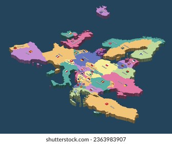 Europe political isometric map with  countries names and flags icons. Vector illustration