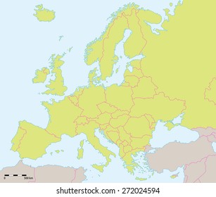 Europe political map 2015. Blank map including map scale. New borders of Ukraine and Russia on Crimean peninsula. All data are in layers for easy editing vector map. 