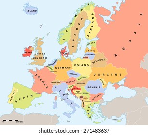 Europe political map 2015. New borders of Ukraine and Russia on Crimean peninsula. All data are in layers for easy editing vector map.