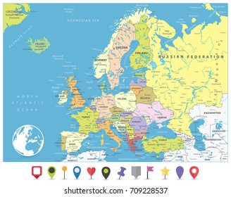 Europe Political Map and Flat Pin Icons. Detailed vector illustration of Europe Map.
