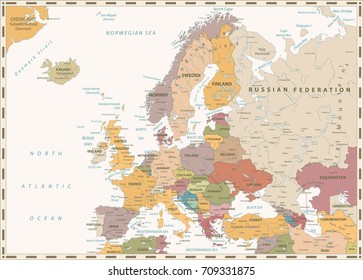 Europe Political Map. Retro Colors. Detailed vector illustration of Europe Map.