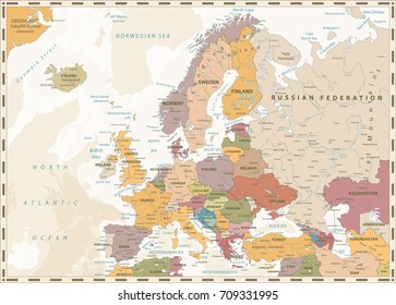 Europe Political Map. Retro Colors and Bathymetry. Detailed vector illustration of Europe Map.