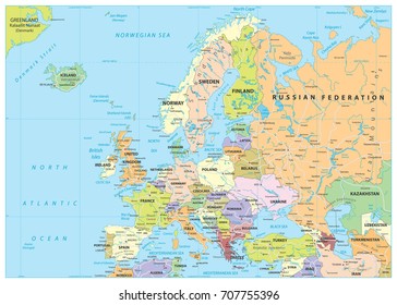 Europe Political Map and Roads. Detailed vector illustration of Europe Map.