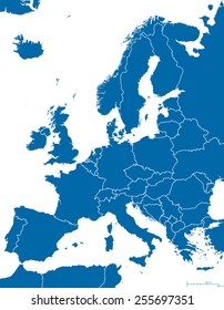 Europe Political Map and surrounding region with all countries and national borders. Blue outline illustration on white background with english scaling.