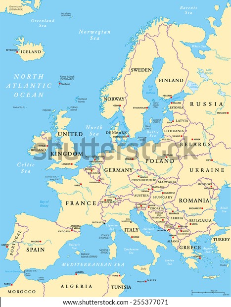 ヨーロッパの政治地図とその周辺地域 国 首都 国境 大きな川 湖などを含む 英語のラベル付けとスケーリング イラトス のベクター画像素材 ロイヤリティフリー 255377071