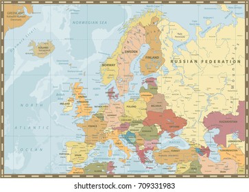 Europe Political Map. Vintage Colors And Bathymetry. Detailed Vector Illustration Of Europe Map.