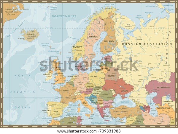 ヨーロッパの政治地図 ビンテージカラーとバチメトリー ヨーロッパの地図の詳細なベクターイラスト のベクター画像素材 ロイヤリティフリー