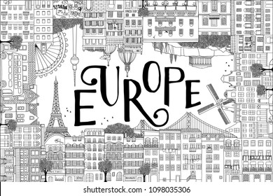 Europe postcard template with hand drawn houses of Paris, Lisbon, Amsterdam, Athens, Rome, Berlin and London