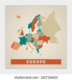 Europe poster. Map of the continent with colorful regions. Shape of Europe with continent name. Artistic vector illustration.