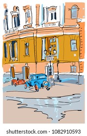 Europe retro urban colorful doodle hand drawn art watercolor sketch vector illustration, for 20s, 30s and 40s antique vehicle design